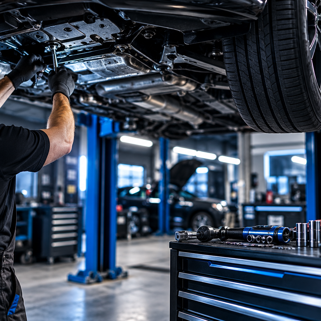 Kfz-Mechaniker repariert ein Fahrzeug auf einer Hebebühne in einer Autowerkstatt