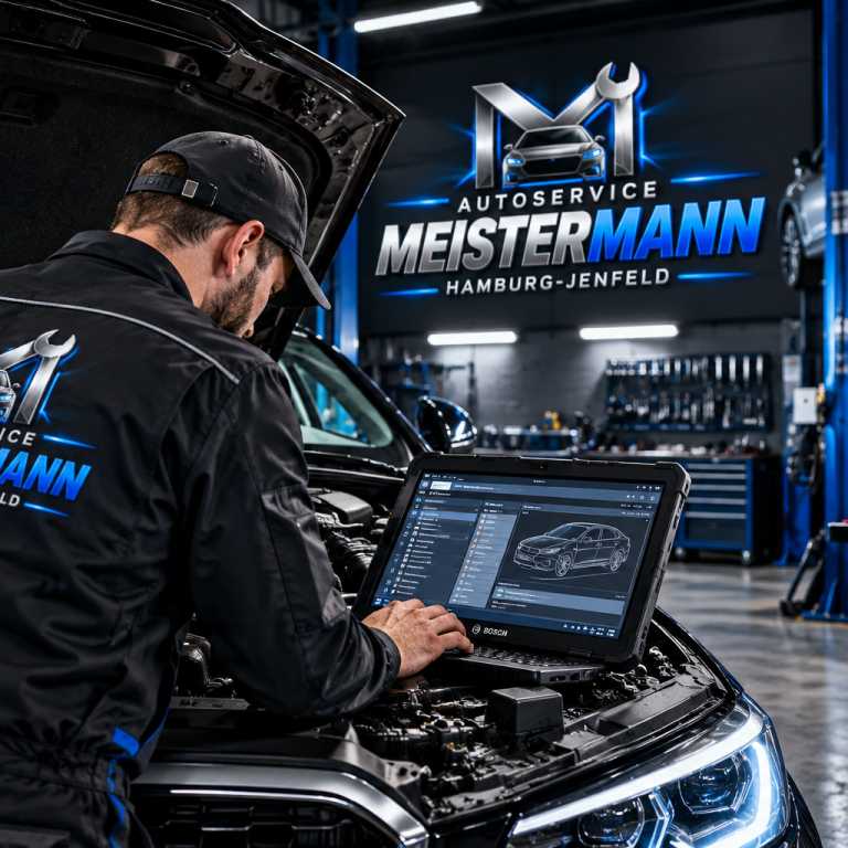 Fahrzeugdiagnose bei Autoservice Meistermann Kfz-Mechaniker bei der Fahrzeugdiagnose in einer Autowerkstatt