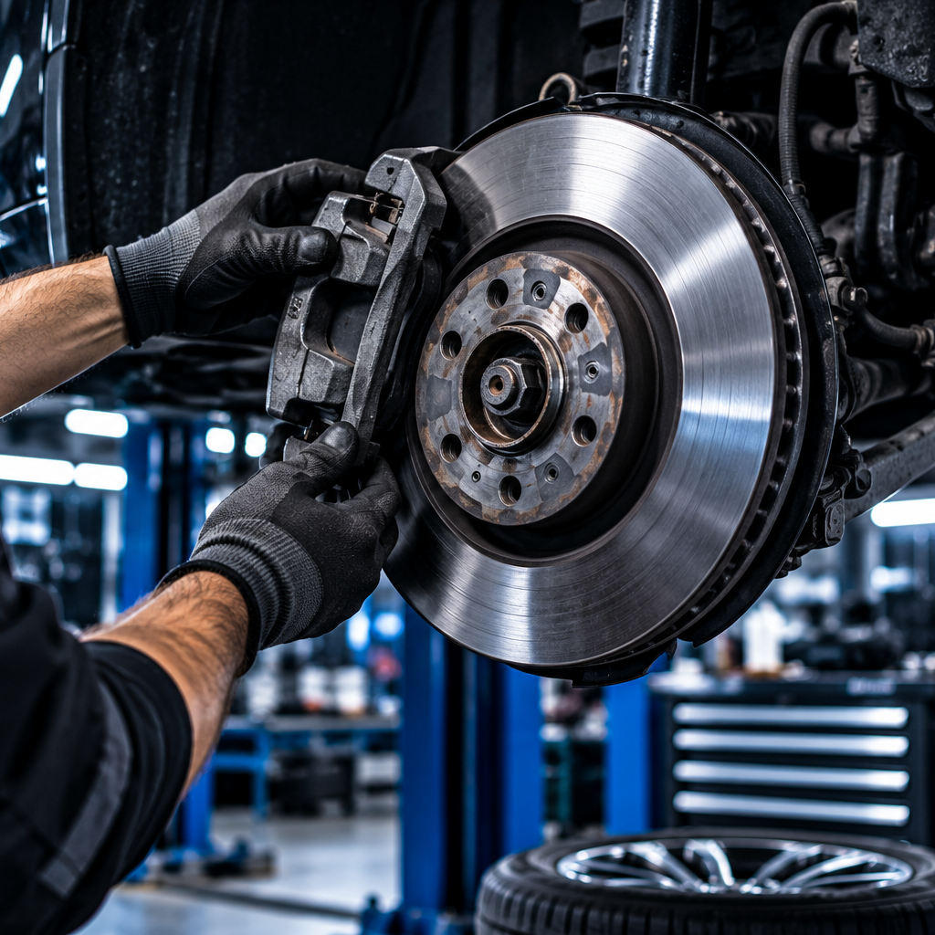 Bremsenservice in Hamburg-Jenfeld – Autoservice Meistermann Kfz-Mechaniker arbeitet an Bremsscheibe und Bremssattel eines Fahrzeugs
