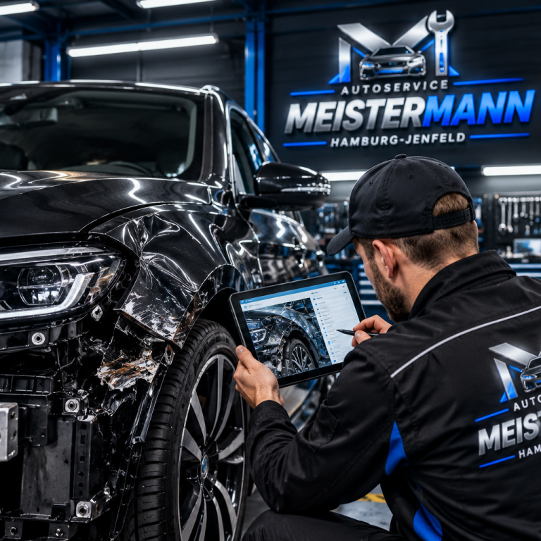 Unfallinstandsetzung & Schadensabwicklung in Hamburg-Jenfeld Vorher-Nachher-Vergleich einer Smart-Repair-Reparatur an einem schwarzen Auto
