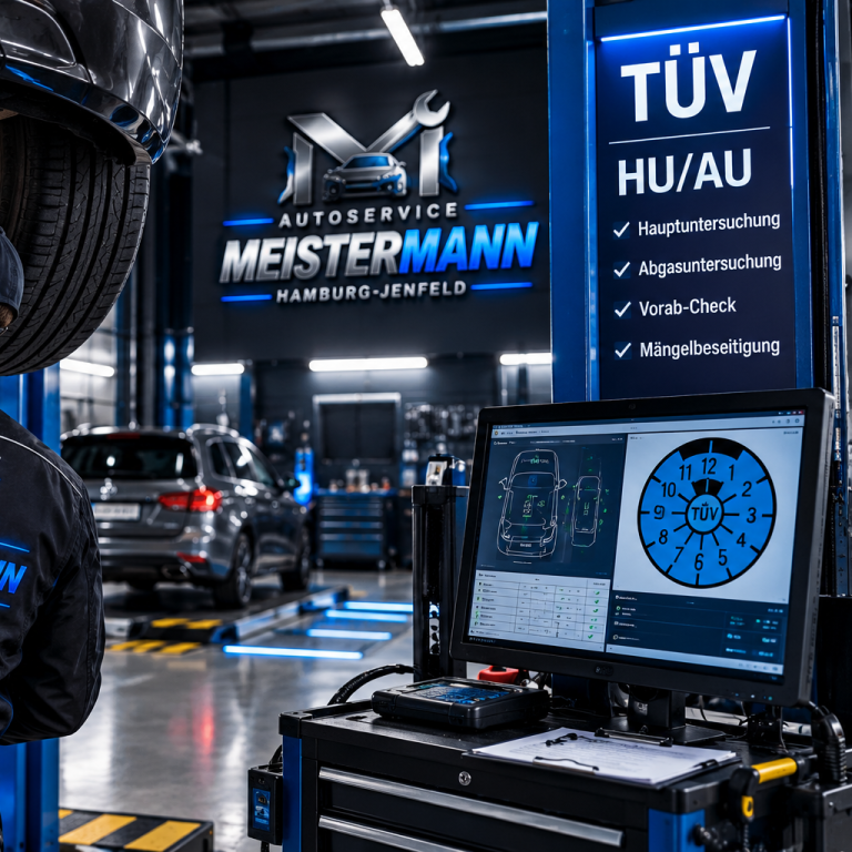 HU/AU-Service bei Autoservice Meistermann Kfz-Mechaniker bei der HU/AU-Vorbereitung und Fahrzeugprüfung in einer Autowerkstatt