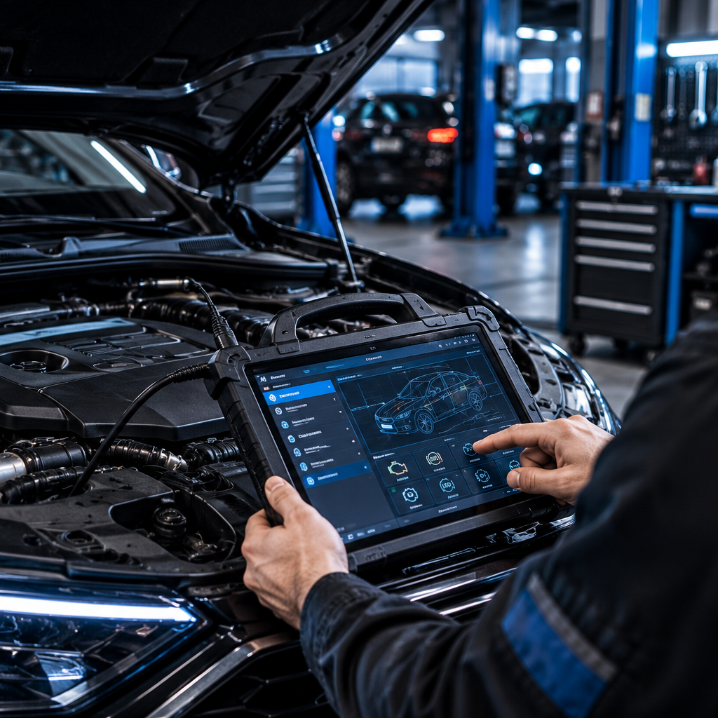 Fahrzeugdiagnose in Hamburg-Jenfeld – Autoservice Meistermann Kfz-Mechaniker führt eine Fahrzeugdiagnose mit Diagnosegerät an einem Auto durch