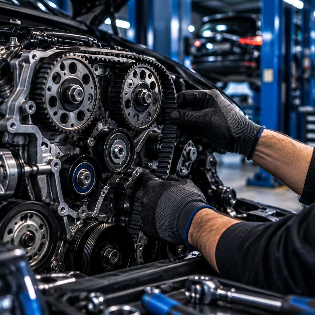 Zahnriemen & Steuerkette in Hamburg-Jenfeld – Autoservice Meistermann Kfz-Mechaniker arbeitet am Zahnriemen und der Motorsteuerung eines Fahrzeugs